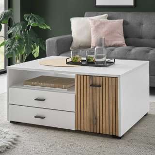 Sofa Tisch modern in Weiß und Wildeiche NB 90 cm breit