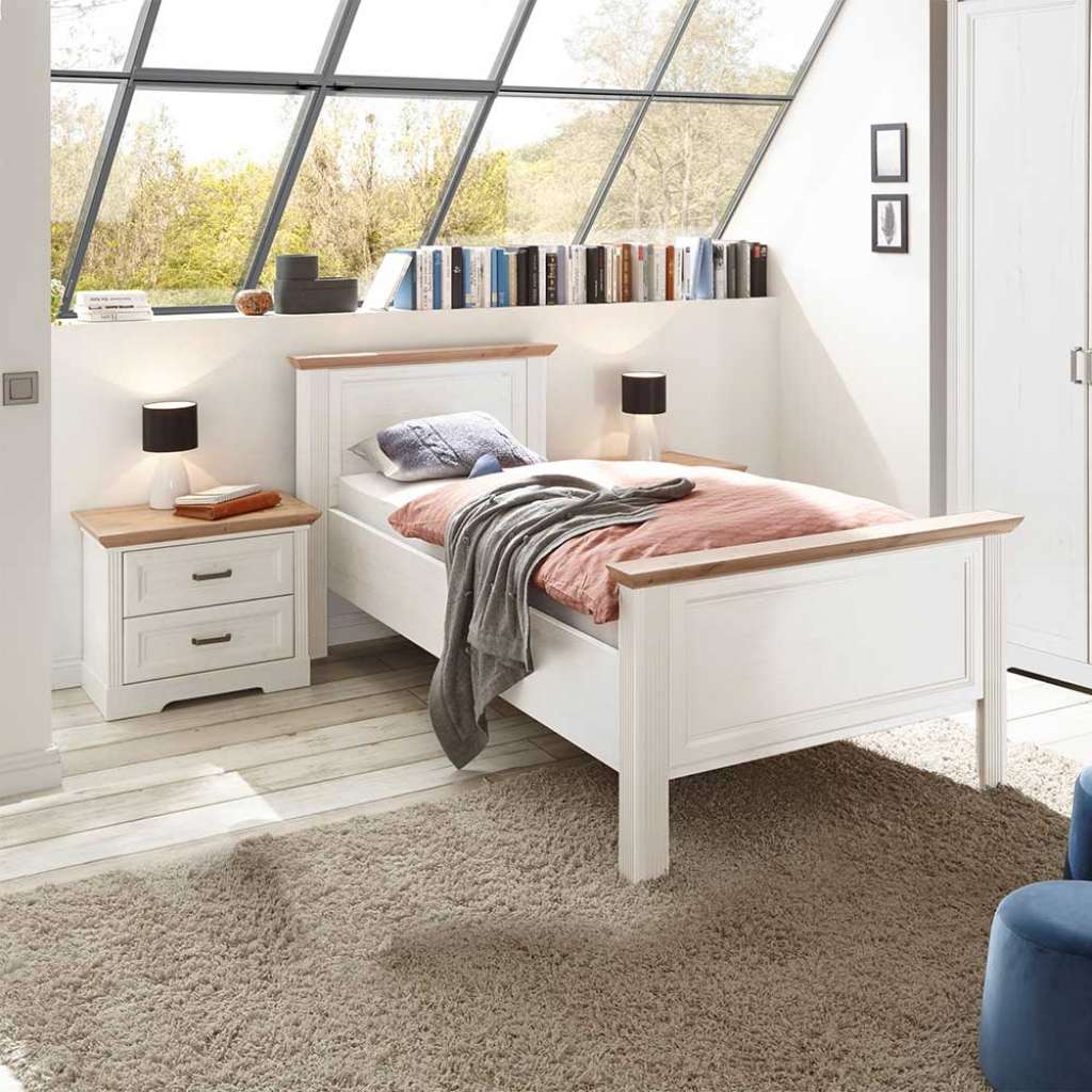 Einzelbett Landhaus optional mit Nachtkonsole Holzoptik Pinie weiß