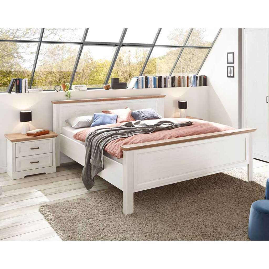 Franzoesisches Bett Landhaus in Holzoptik Pinie weiß Wildeichefarben