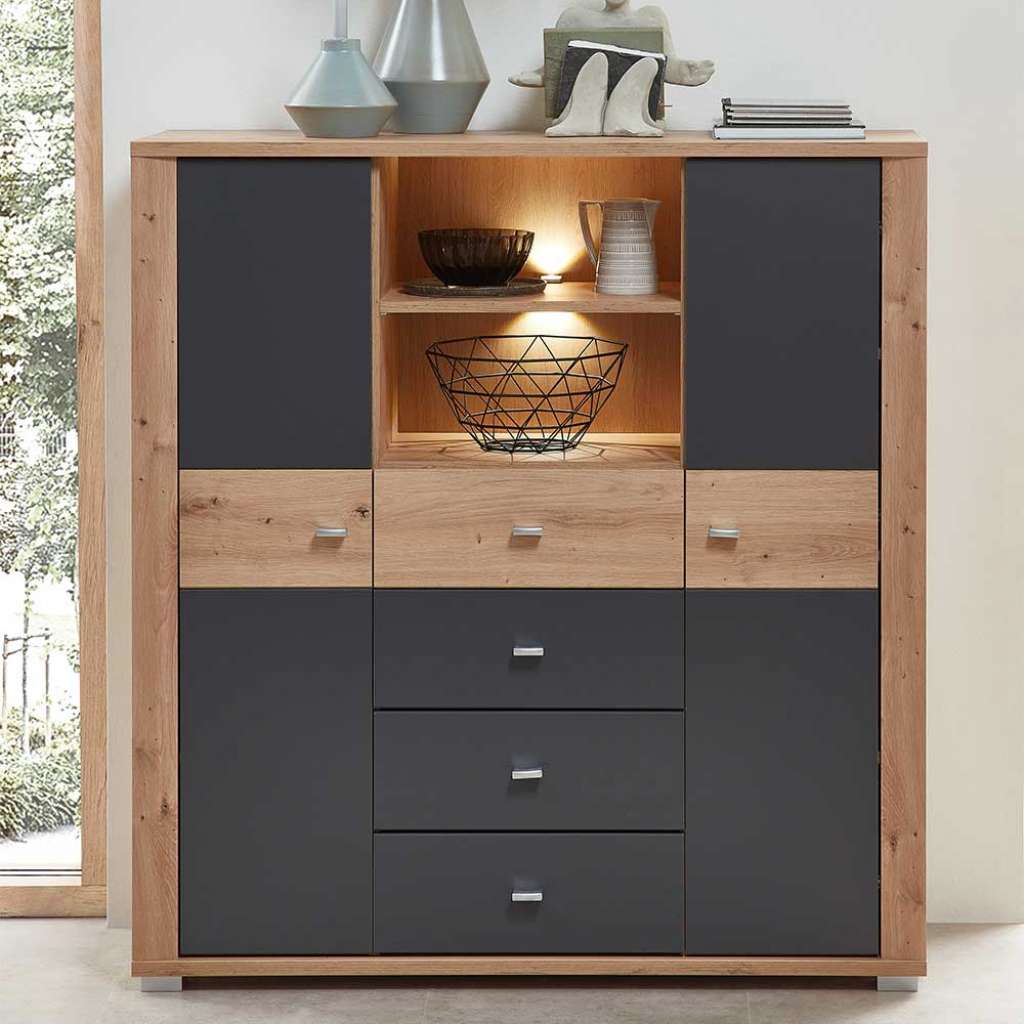 wohnzimmer Highboard in Wildeichefarben Dunkelgrau