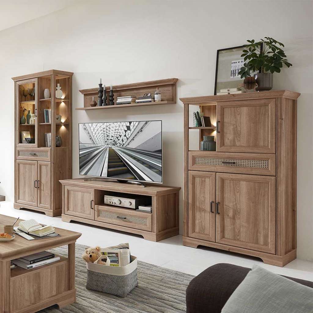 Wohnwand Eiche Holzoptik mit LED Beleuchtung 204 cm hoch (vierteilig)