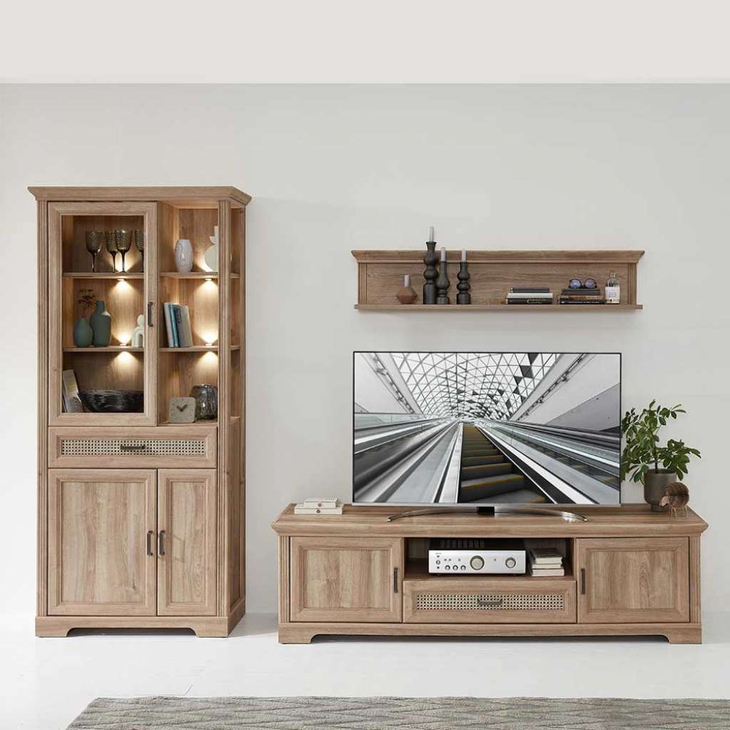 Wohnwand Eichefarben mit LED Beleuchtung Landhausstil (dreiteilig)