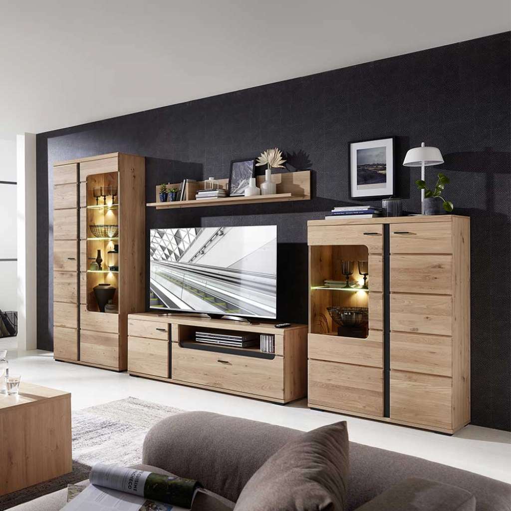 Moderne Wohnwand in Wildeichefarben LED Beleuchtung (vierteilig)