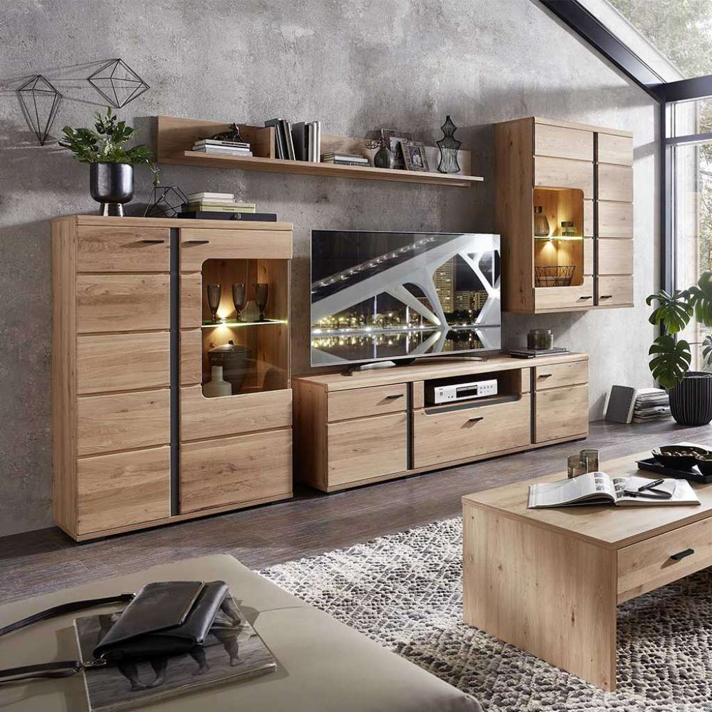 Wohnwand mit LED Beleuchtung Wildeichefarben (vierteilig)