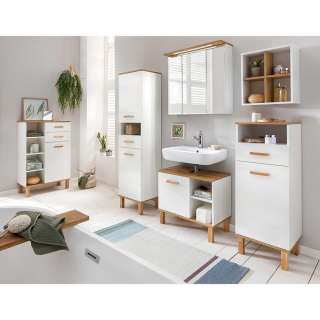 Badezimmermöbel Set weiß im Skandi Design 179 cm hoch (sechsteilig)