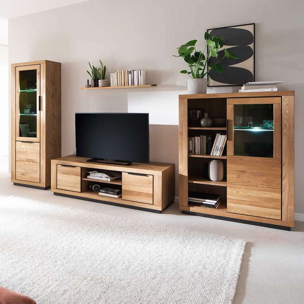 Wohnzimmeranbauwand in Wildeichefarben teilmassiv (vierteilig)