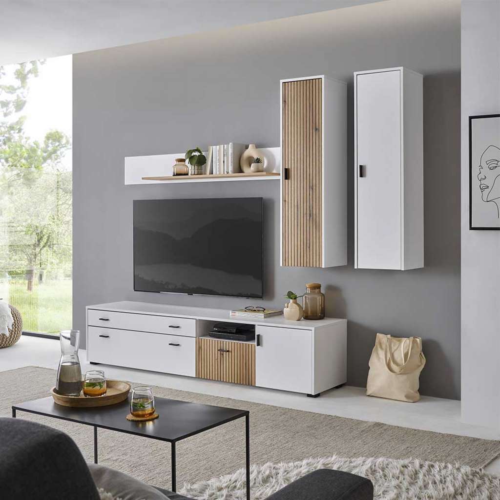 Wohnwand in Wildeichefarben Dekor tiefgezogen (vierteilig)