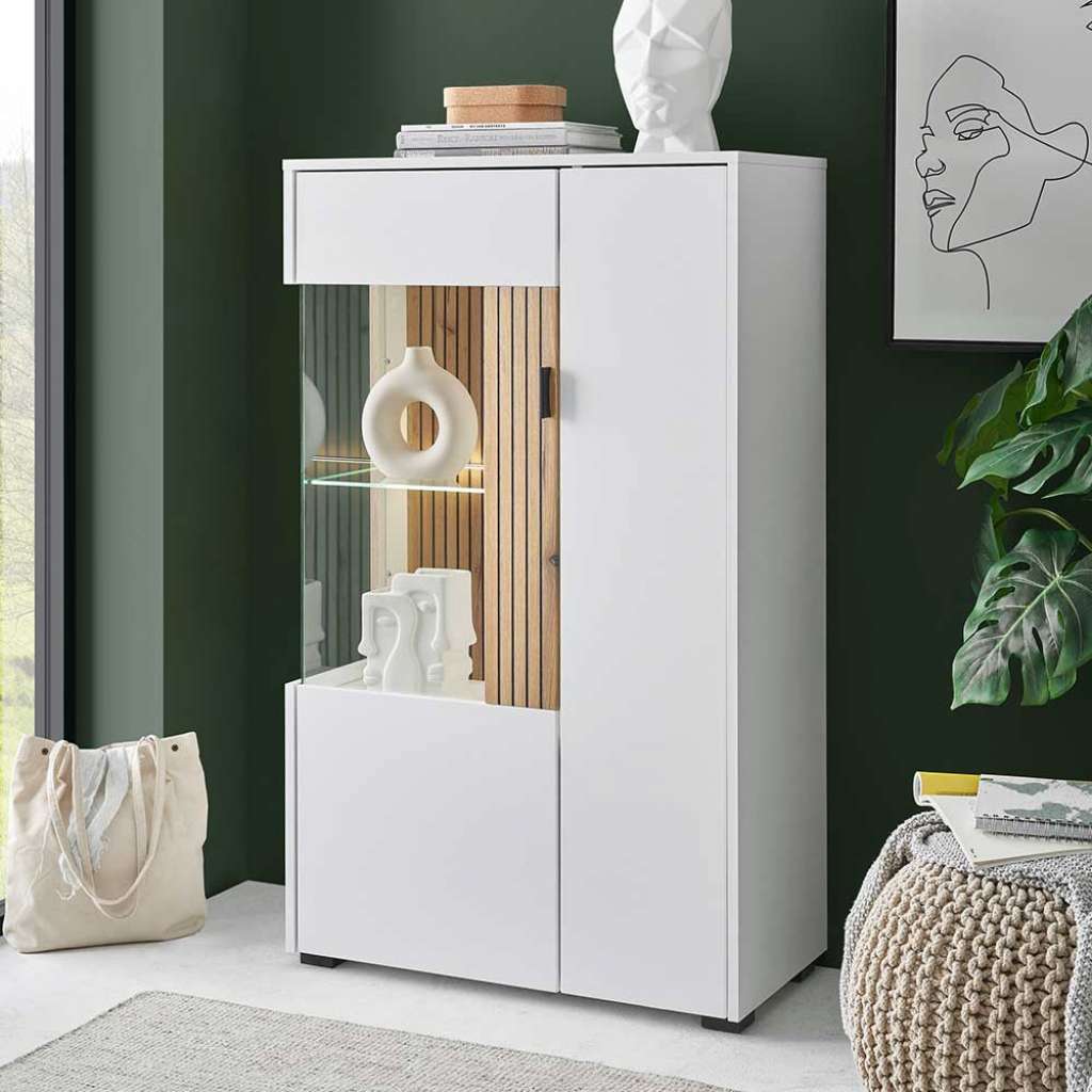 Vitrine in Weiß und Wildeiche NB Glastür