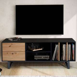 Flachstrecke Wohnzimmer TV Board in Wildeichefarben und Schwarz