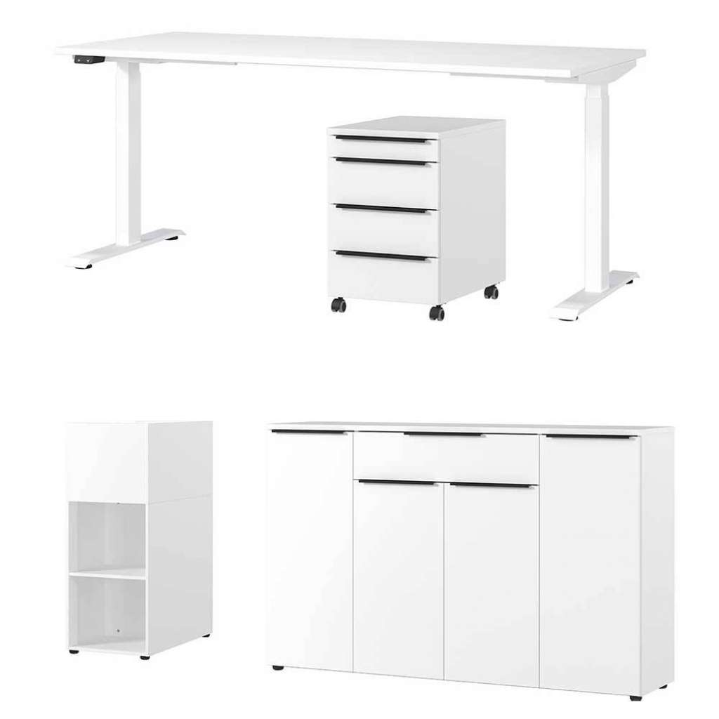 Büromöbel Komplettset Bürokombination in Weiß mit Metallgriffen (vierteilig)