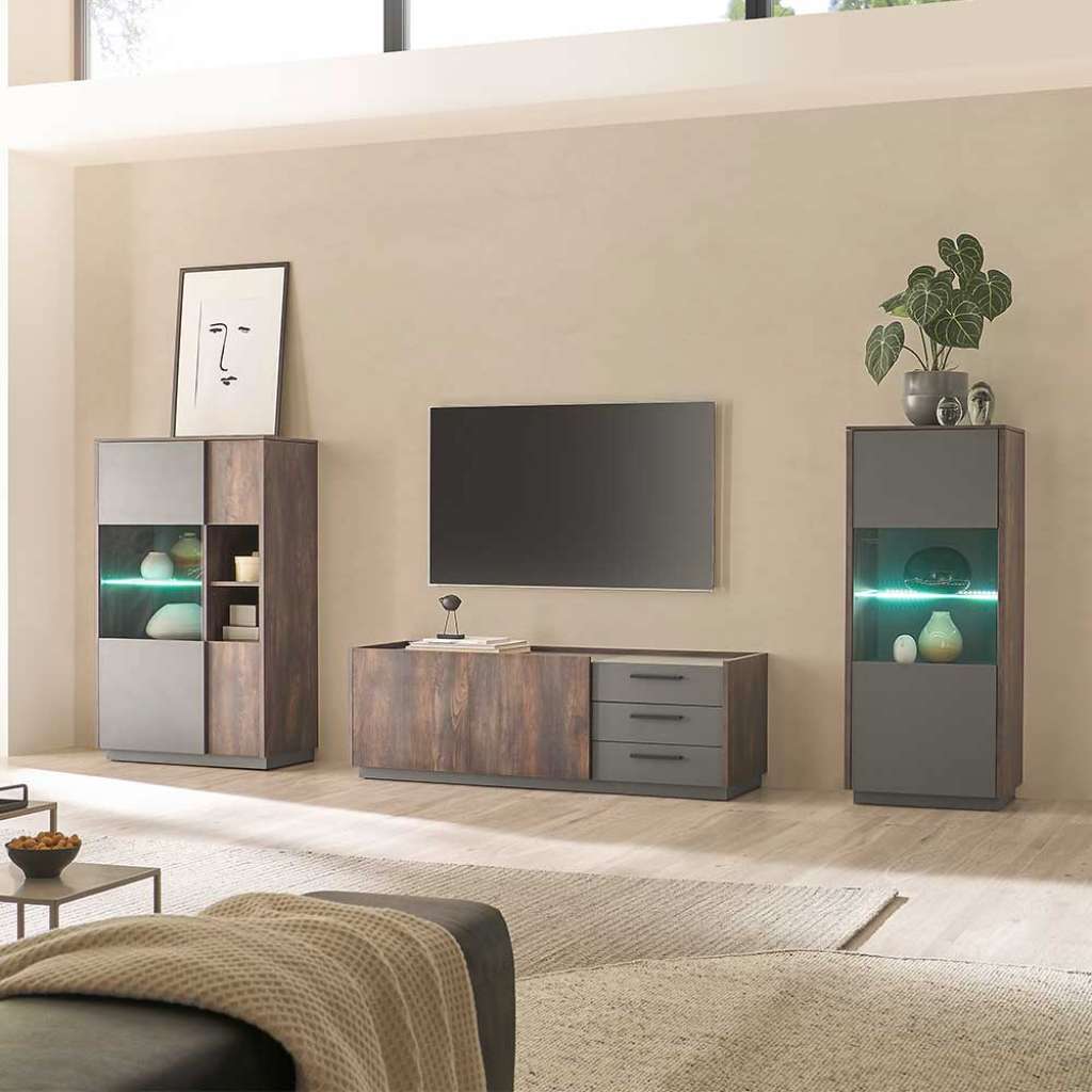 Moderne Design Wohnwand in Eiche dunkel Anthrazit (dreiteilig)