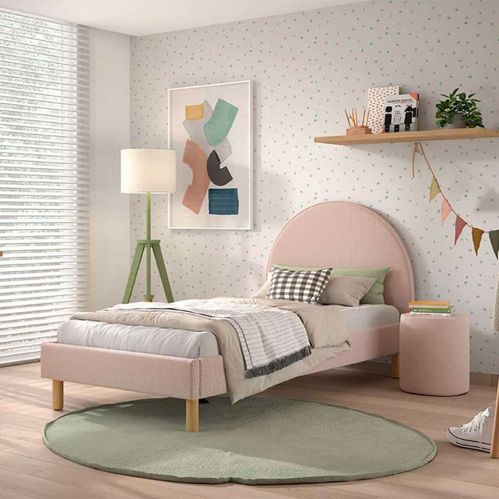 Stoffbett Boucle in Rosa Vierfußgestell aus Holz