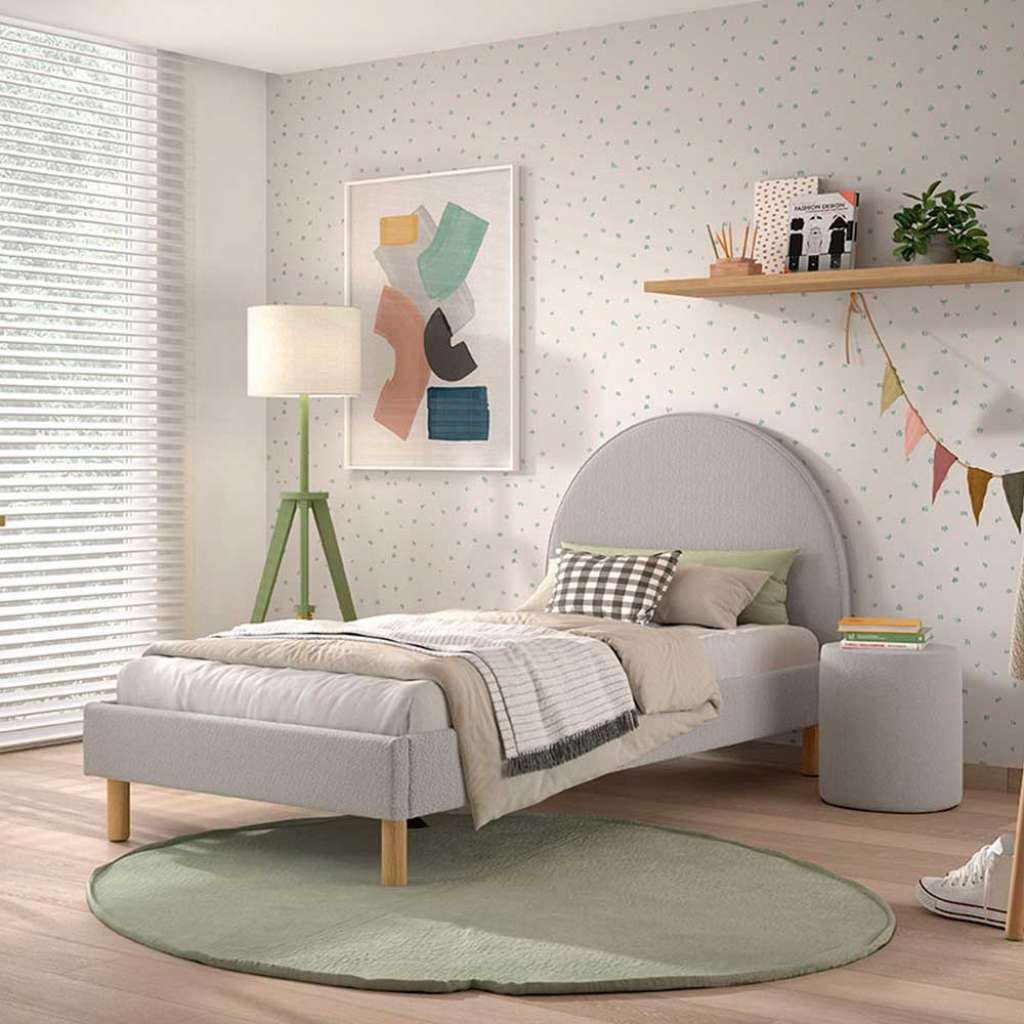 Polsterbettgestell Skandi aus Boucle Stoff Vierfußgestell aus Holz