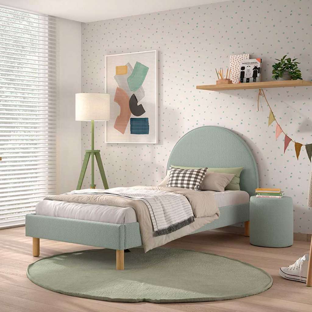 Polsterbett 90x200 cm in Grün Boucle Vierfußgestell aus Holz