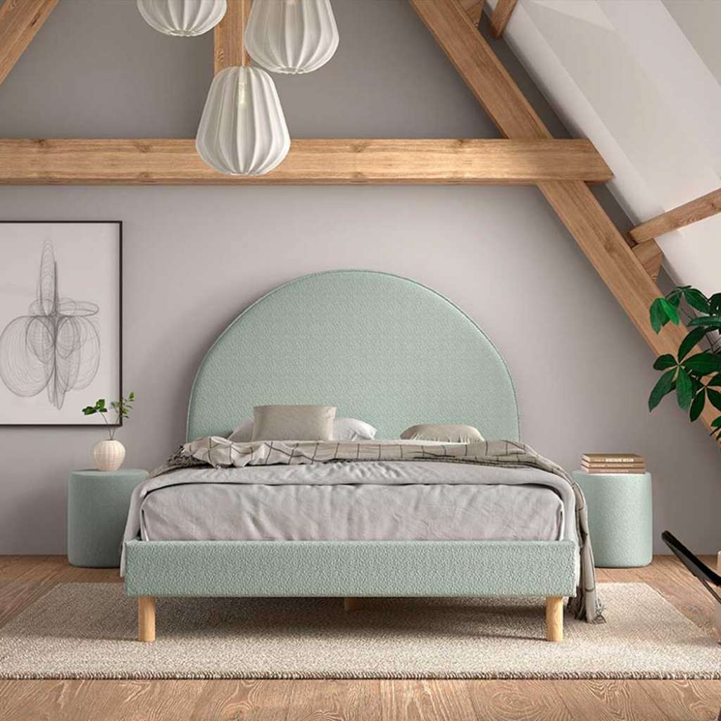 Franzoesisches Bett grün aus Boucle Stoff Skandi Design