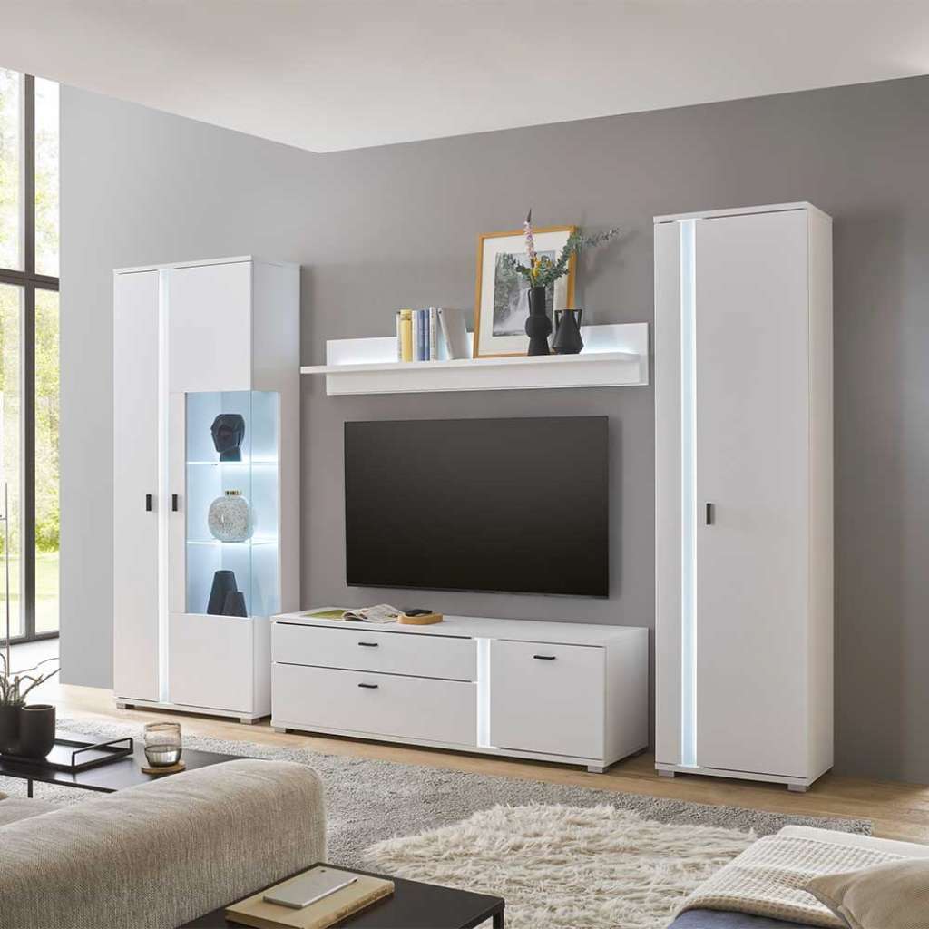 Schrankwand inklusive Beleuchtung in modernem Design ca. 285 cm breit (vierteilig)