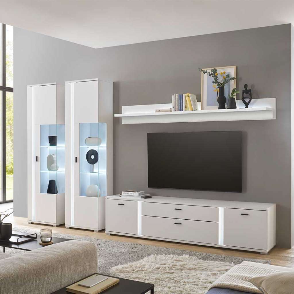 Wohnwand inklusive Beleuchtung in Weiß matt 200 cm hoch (vierteilig)