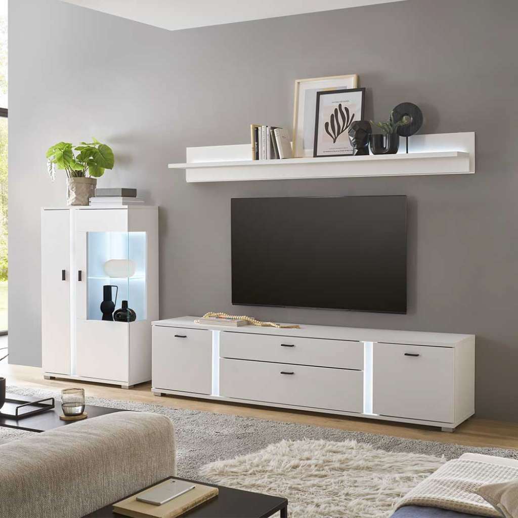 Wohnzimmerwand modern weiss mit LED Beleuchtung 125 cm hoch (dreiteilig)