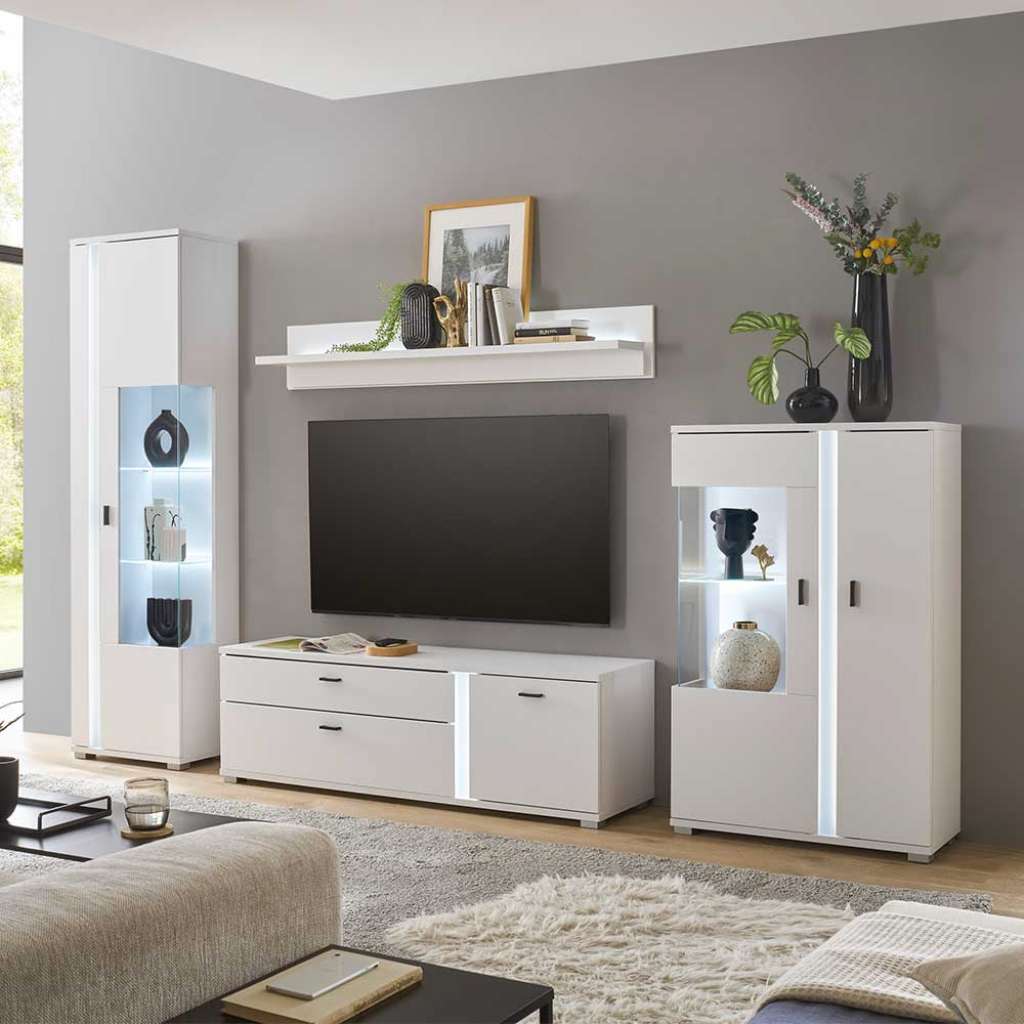 Weiße TV Wohnwand mit LED Beleuchtung Front Dekor tiefgezogen (vierteilig)