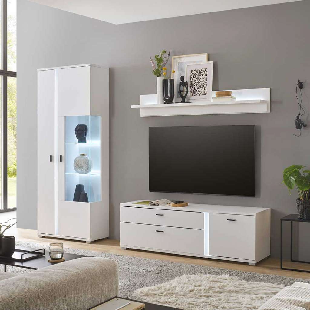 Weiße Wohnzimmer Anbauwand in modernem Design LED Beleuchtung (dreiteilig)