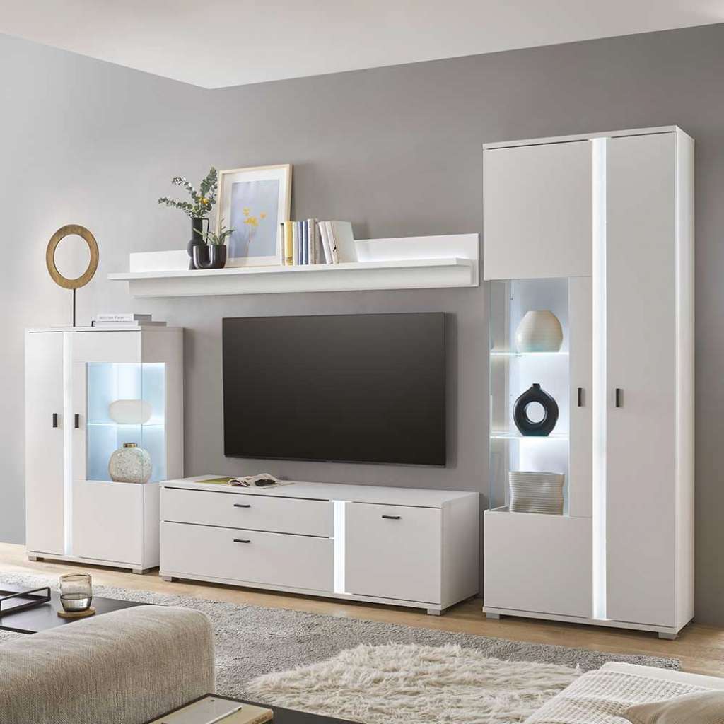 Wohnwand 4teilig weiss matt in modernem Design LED Beleuchtung (vierteilig)