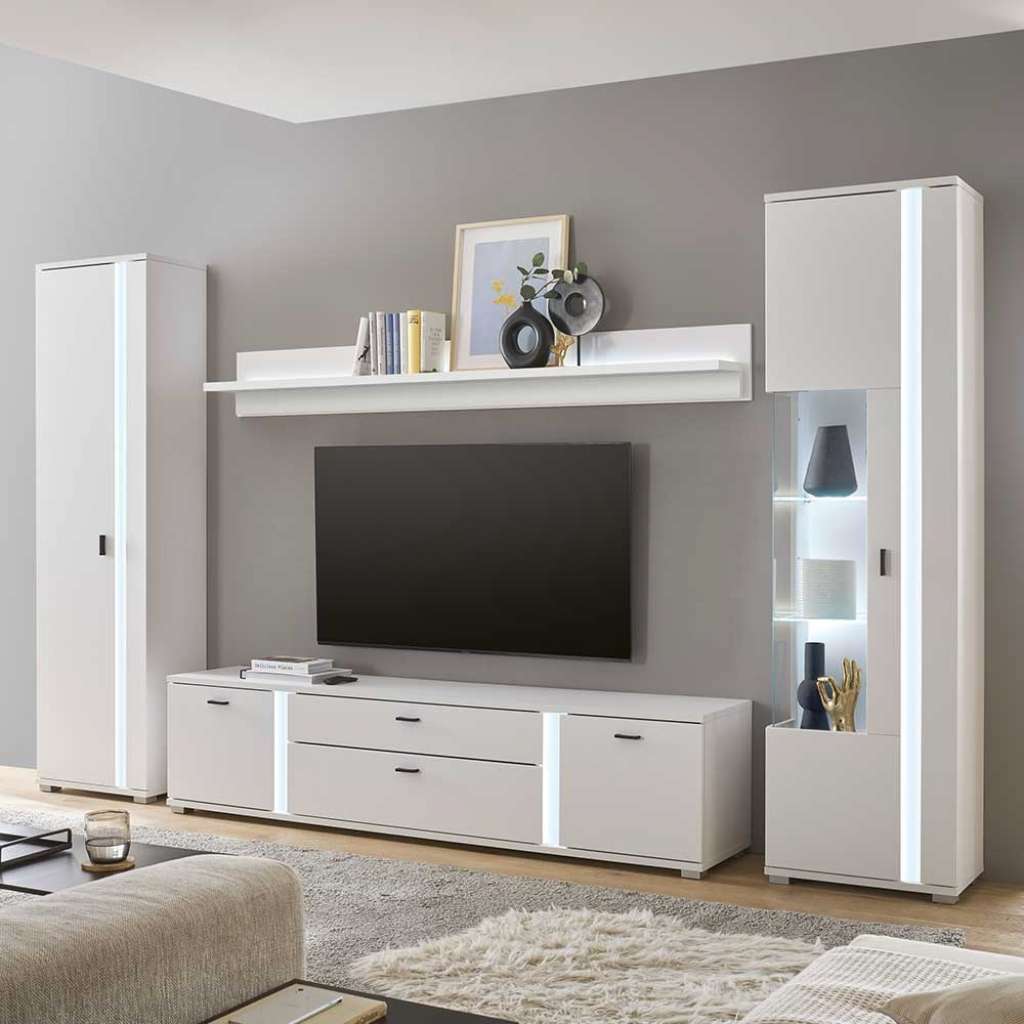 Design Wohnwand weiß matt mit LED Beleuchtung 200 cm hoch (vierteilig)