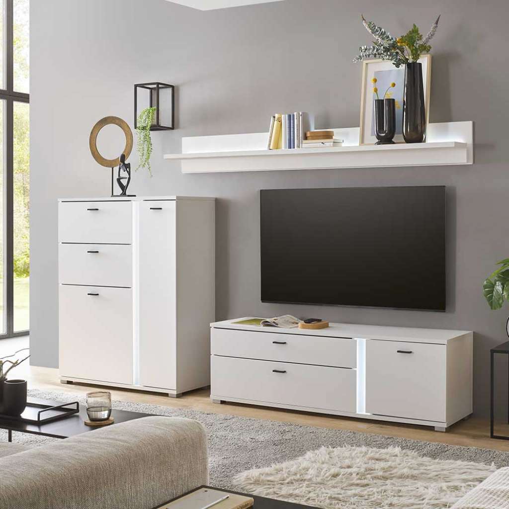 Wohnzimmerschrankwand weiss in modernem Design LED Beleuchtung (dreiteilig)