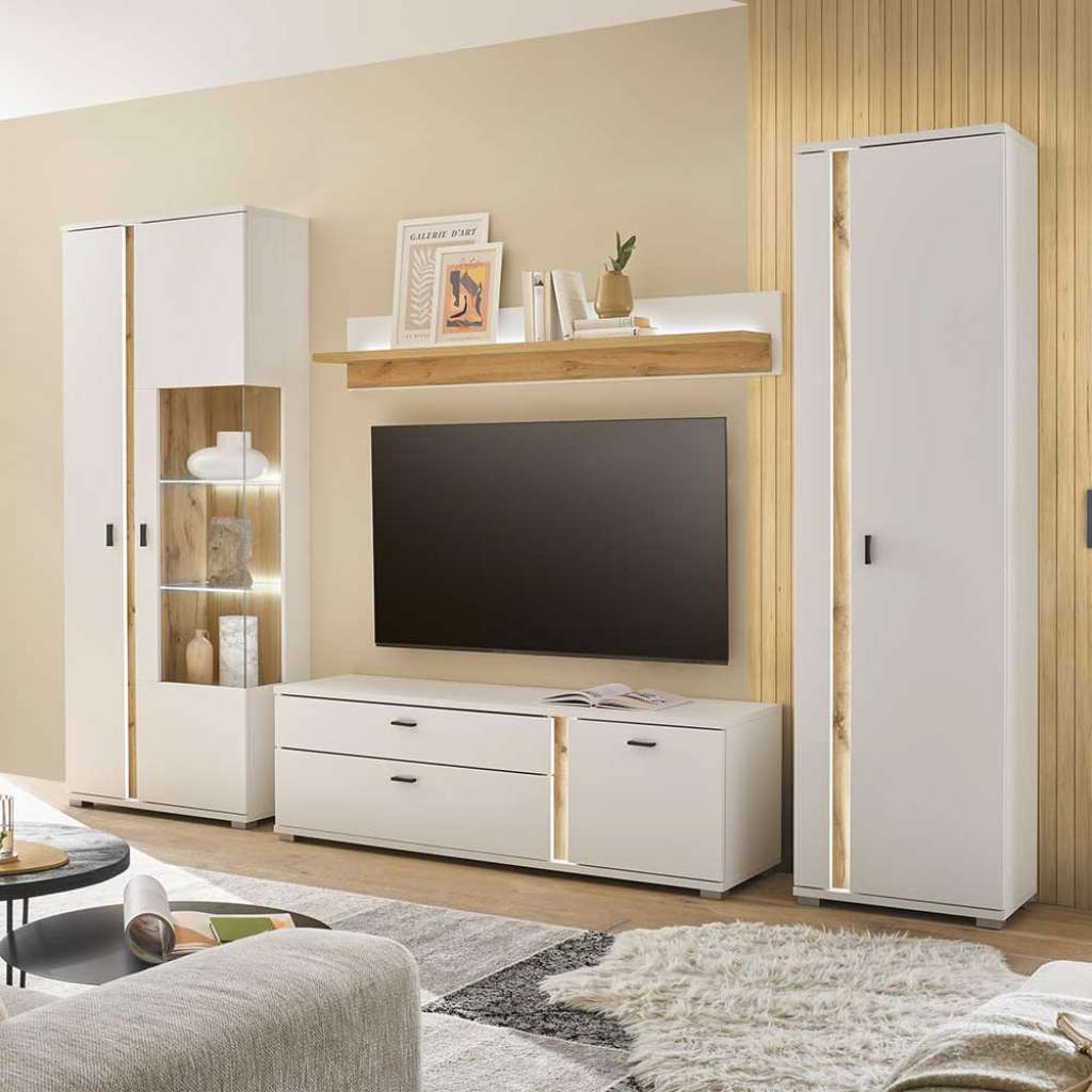 Anbauwand mit Beleuchtung in Weiß Wildeichefarben (vierteilig)