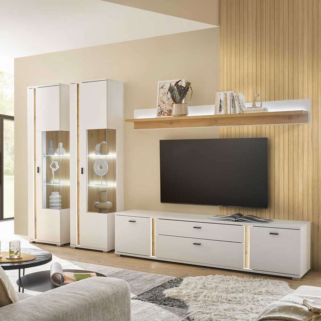 Anbauwand modernes Design in Weiß Wildeichefarben (vierteilig)