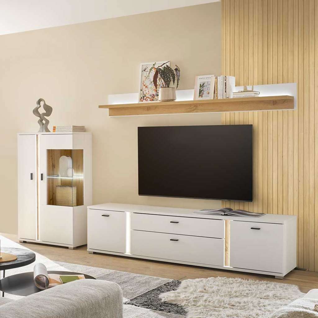 Designer Wohnwand modern in Weiß Wildeichefarben (dreiteilig)