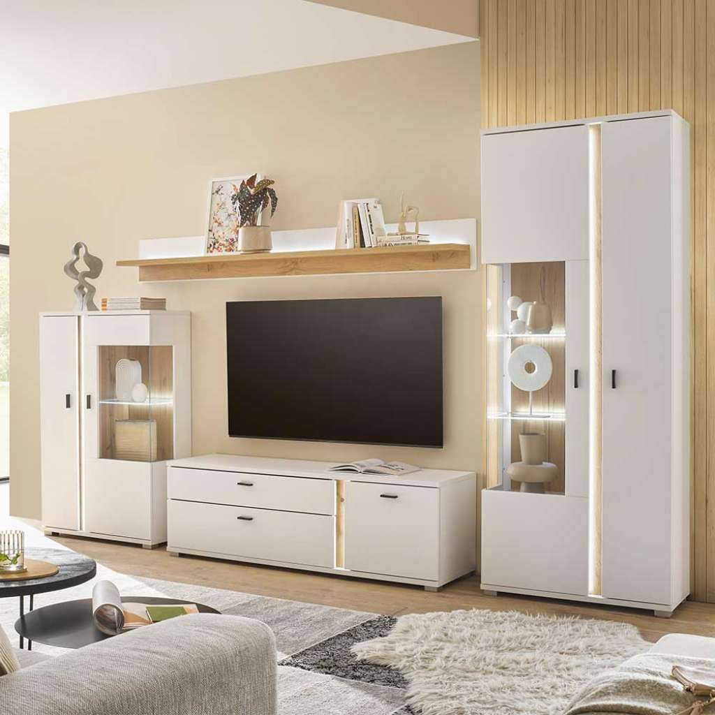 Design Wohnwand mit Beleuchtung in Weiß Wildeichefarben (vierteilig)