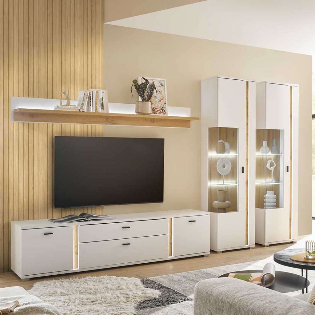 Design Wohnwand 4teilig in Weiß Wildeichefarben (vierteilig)