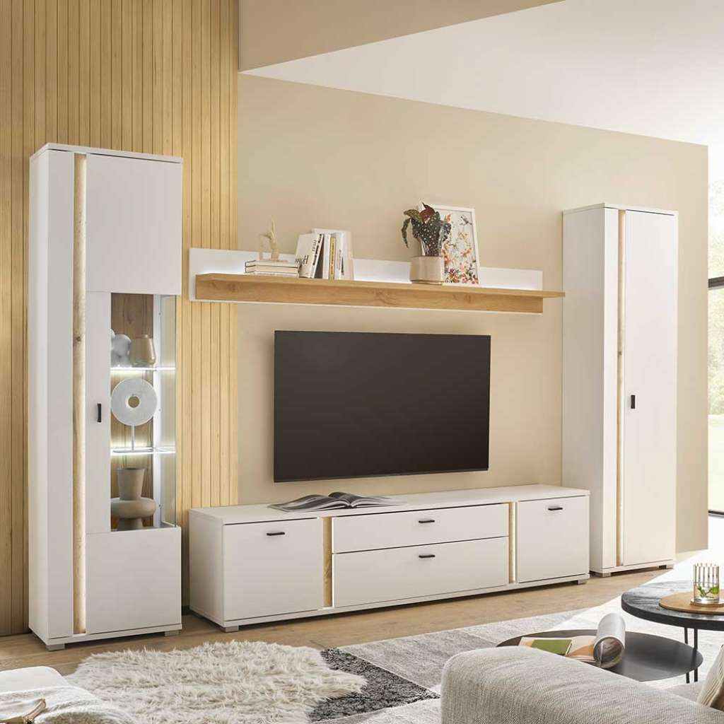 Zweifarbige Wohnwand in Weiß Wildeichefarben (vierteilig)