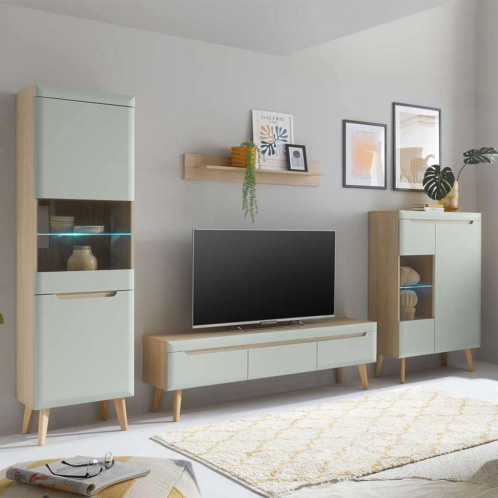 Skandi TV Wohnwand in Mintgrün Eichefarben (vierteilig)