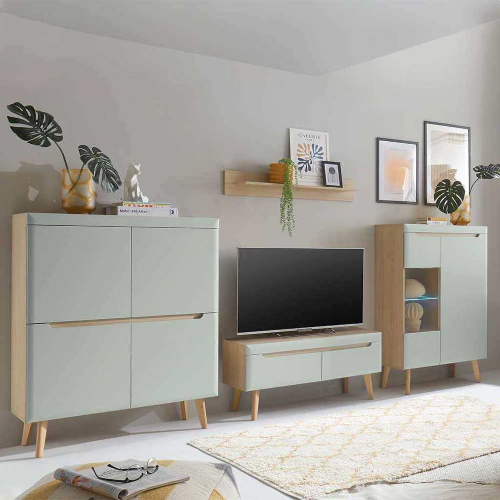 Skandi Stil Anbauwand in Mintgrün Eichefarben (vierteilig)