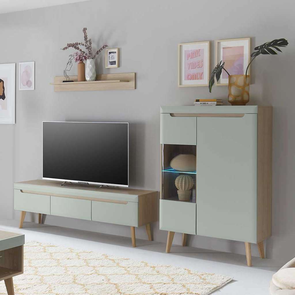 Skandi Stil TV Wand in Mintgrün Eichefarben (dreiteilig)