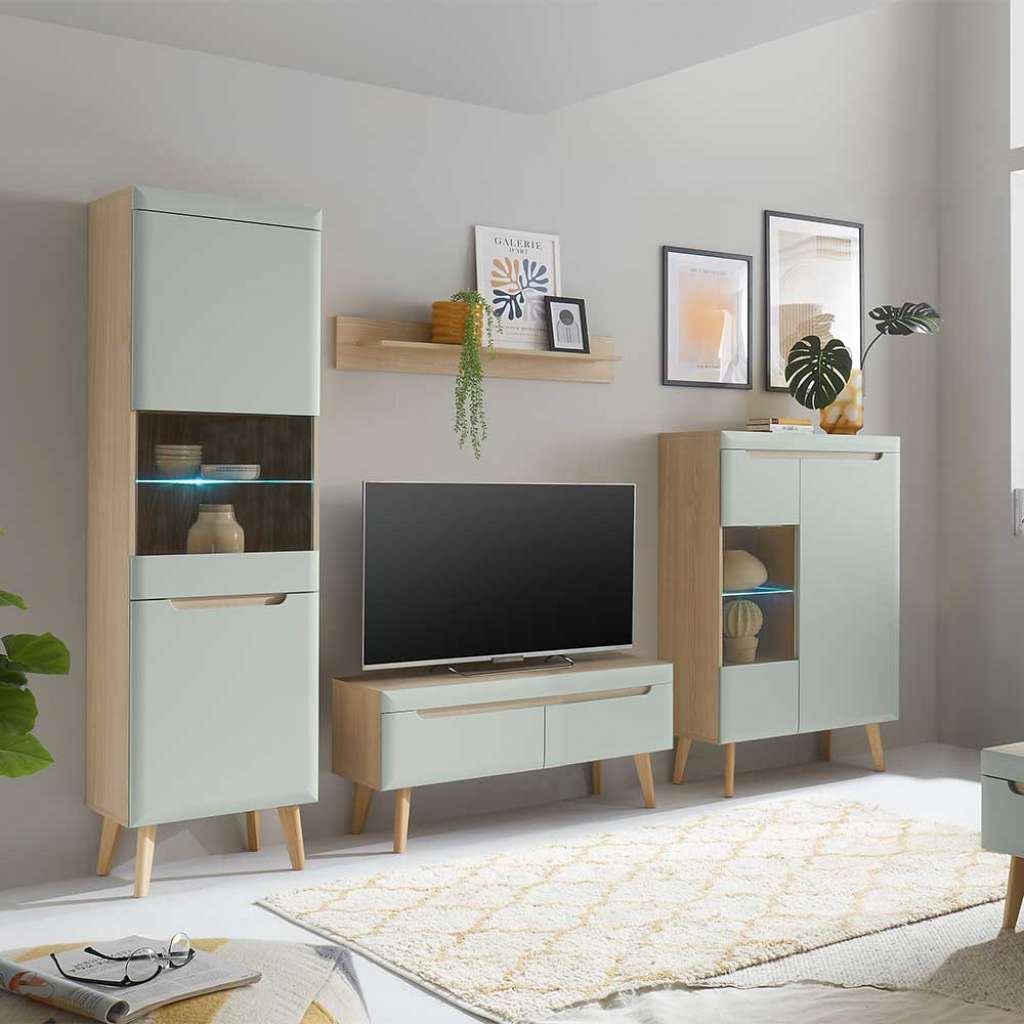 Anbauwand Skandi Stil in Mintgrün Eichefarben (vierteilig)
