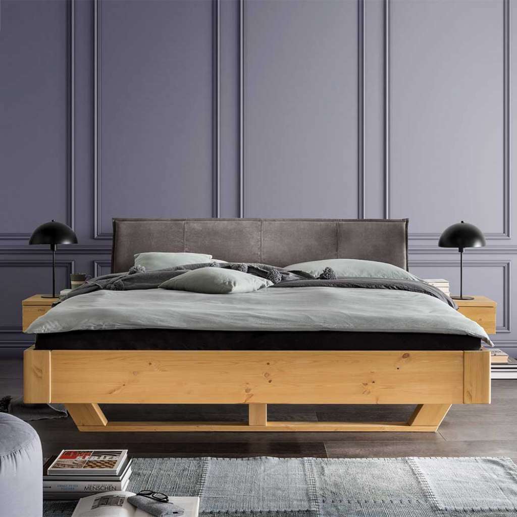 Holzbett Bett mit Polsterkopfteil in Kiefer Laugenfarben und Anthrazit