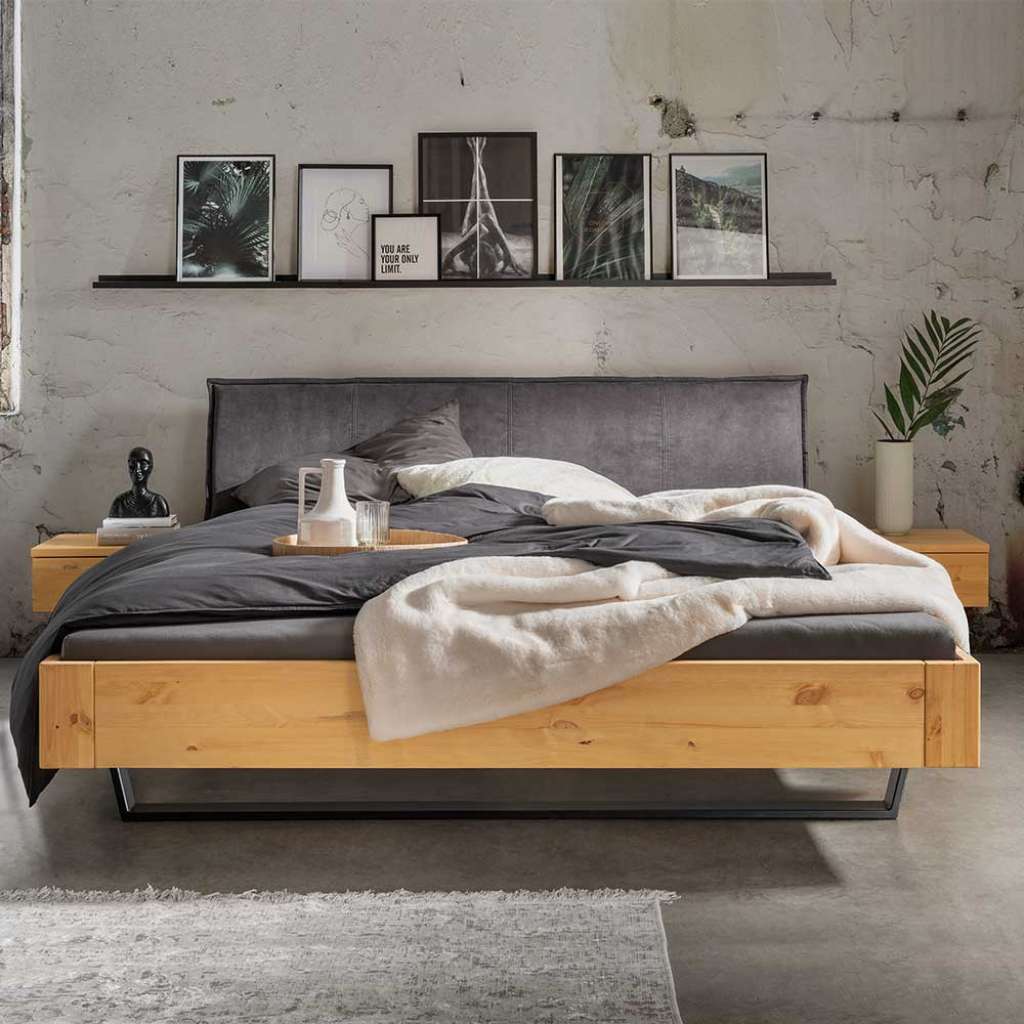 Doppel Bett Bett mit Kufen Kiefer Laugenfarben und Anthrazit