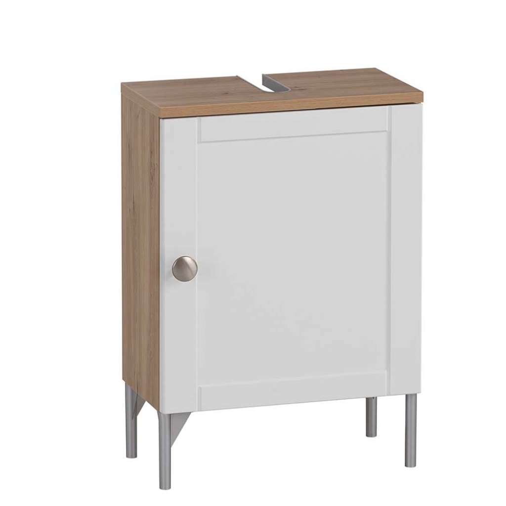 Waschbeckenunterschrank in Weiß und Wildeiche NB Drehtür