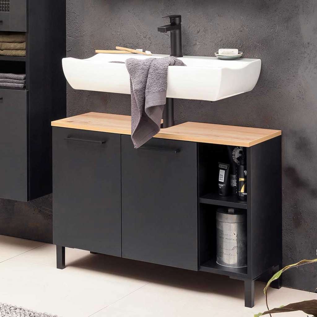 Waschbeckenunterschrank in Wildeichefarben Schwarz