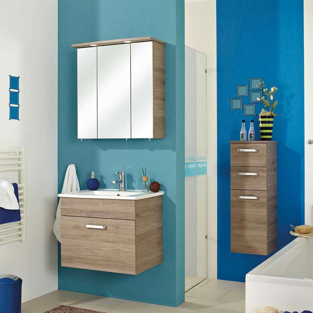 Badmöbel Set Badezimmermöbelset in Eiche San Remo mit Metallgriffen (dreiteilig)