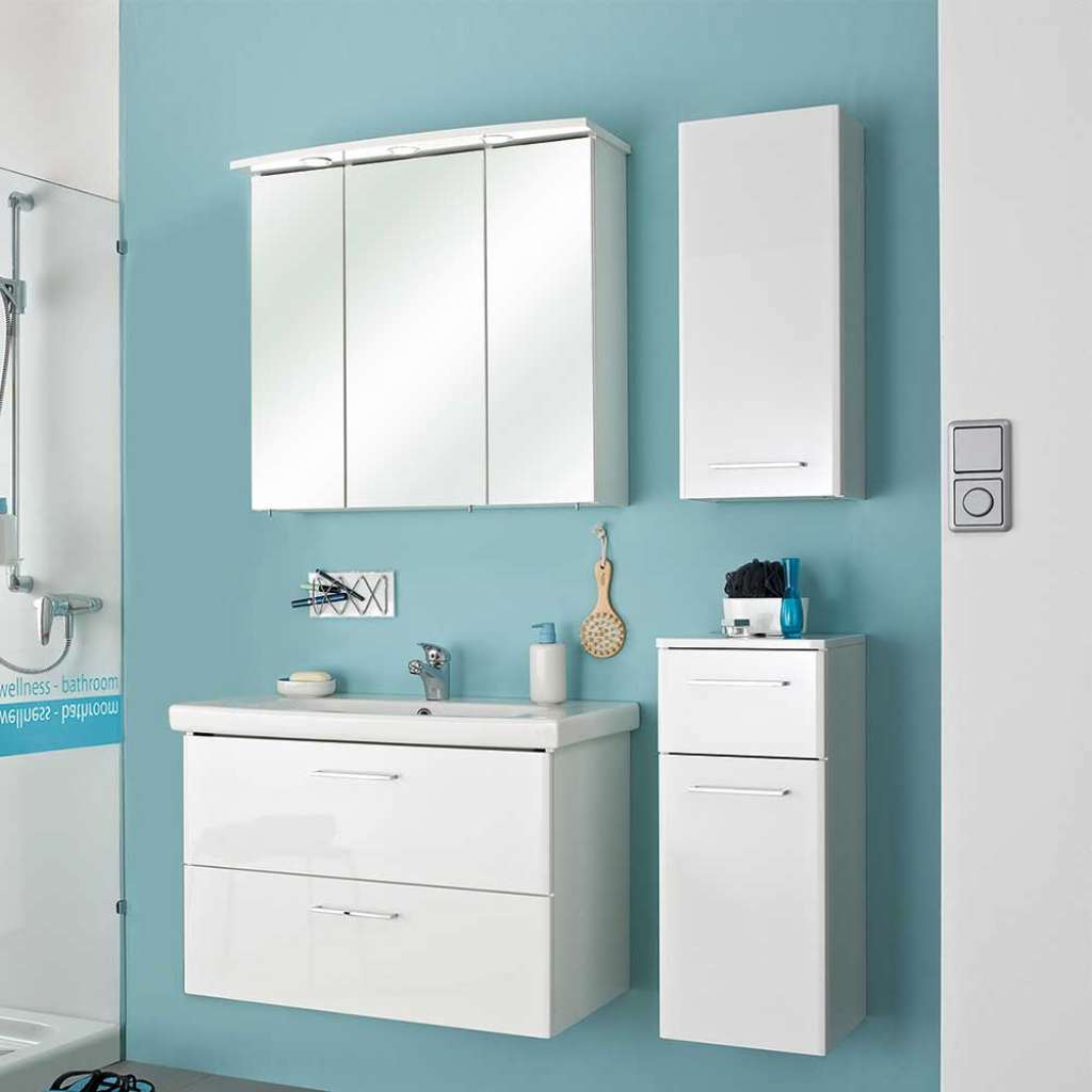 Badezimmermöbel Set Badmöbel Set weiss 45 cm tief mit LED Beleuchtung (vierteilig)