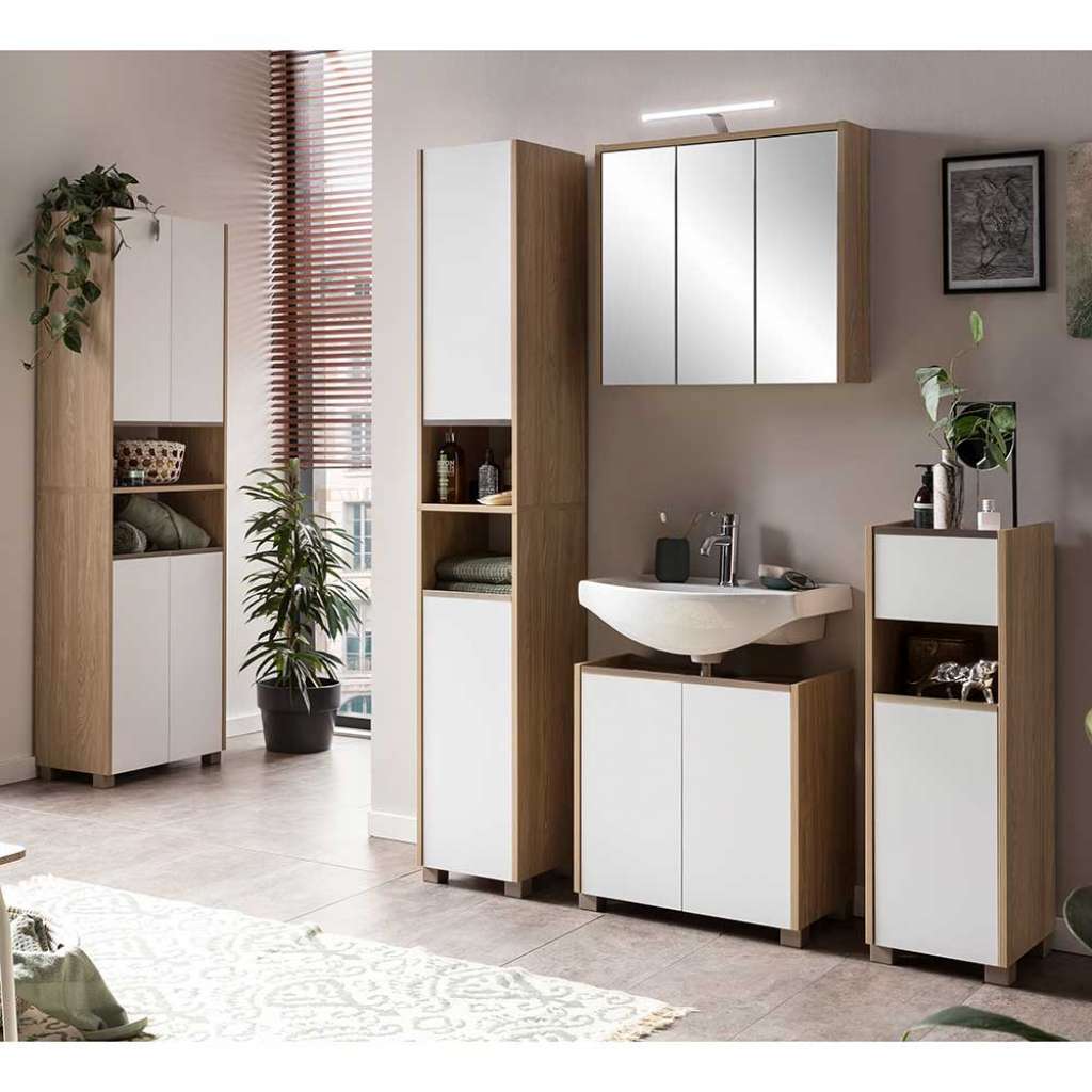 Badmöbelset mit Spiegelschrank in Weiß Eiche hell (fünfteilig)