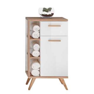 Badezimmerschrank Beistellschrank Bad mit Holzwerkstoff Oberfläche und Holzgriffen