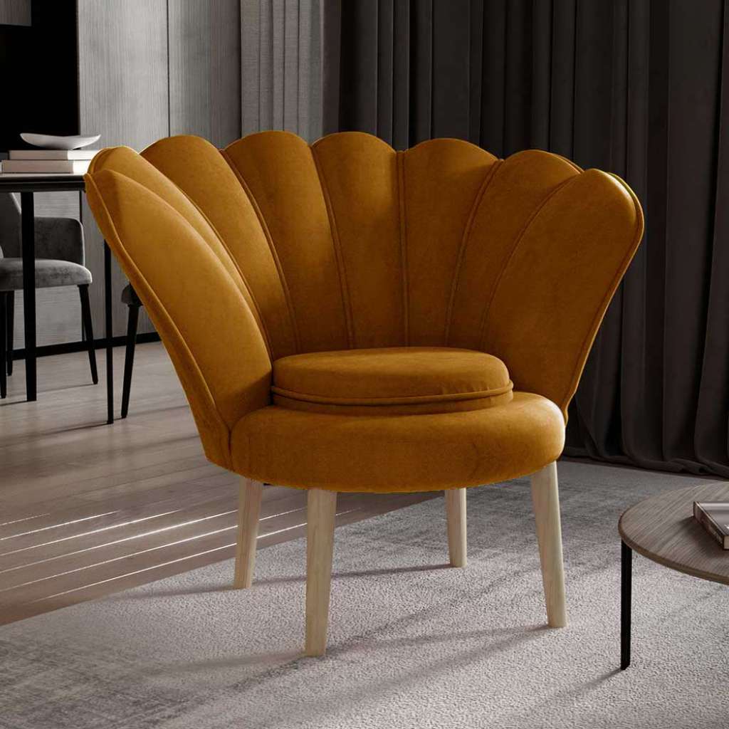 Sessel Loungesessel in Senfgelb mit Vierfußgestell aus Holz