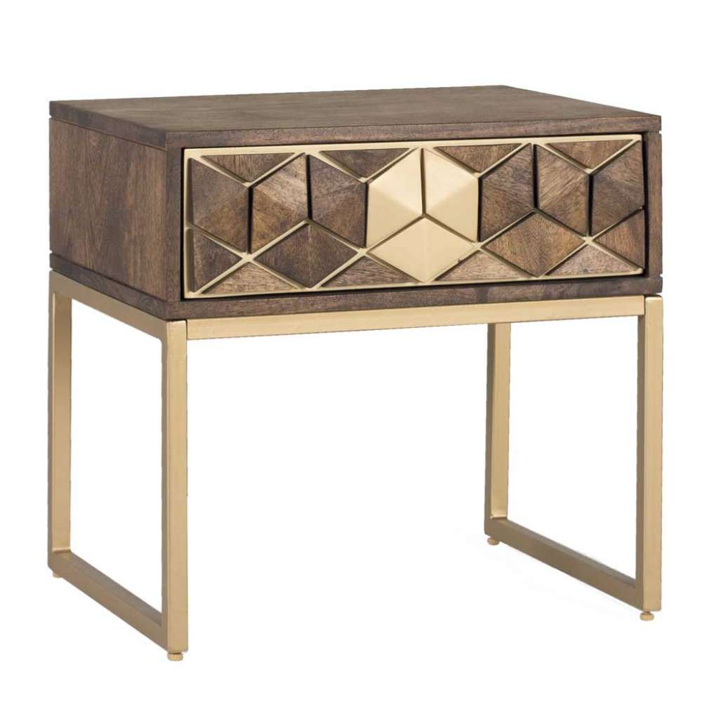 Nachttisch Nachtkommode mit einer Schublade in Goldfarben und Walnuss