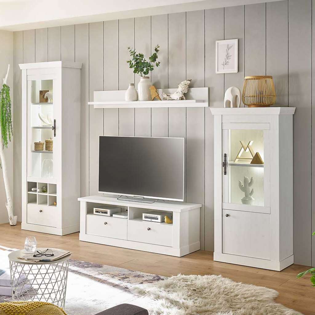 Wohnwand TV Wohnwand in Weiß im Skandi Design (vierteilig)