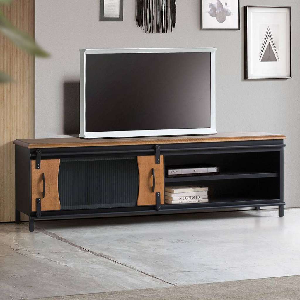 Fernsehtisch Lowboard in Mangoholz Naturfarben mit Schiebetüren