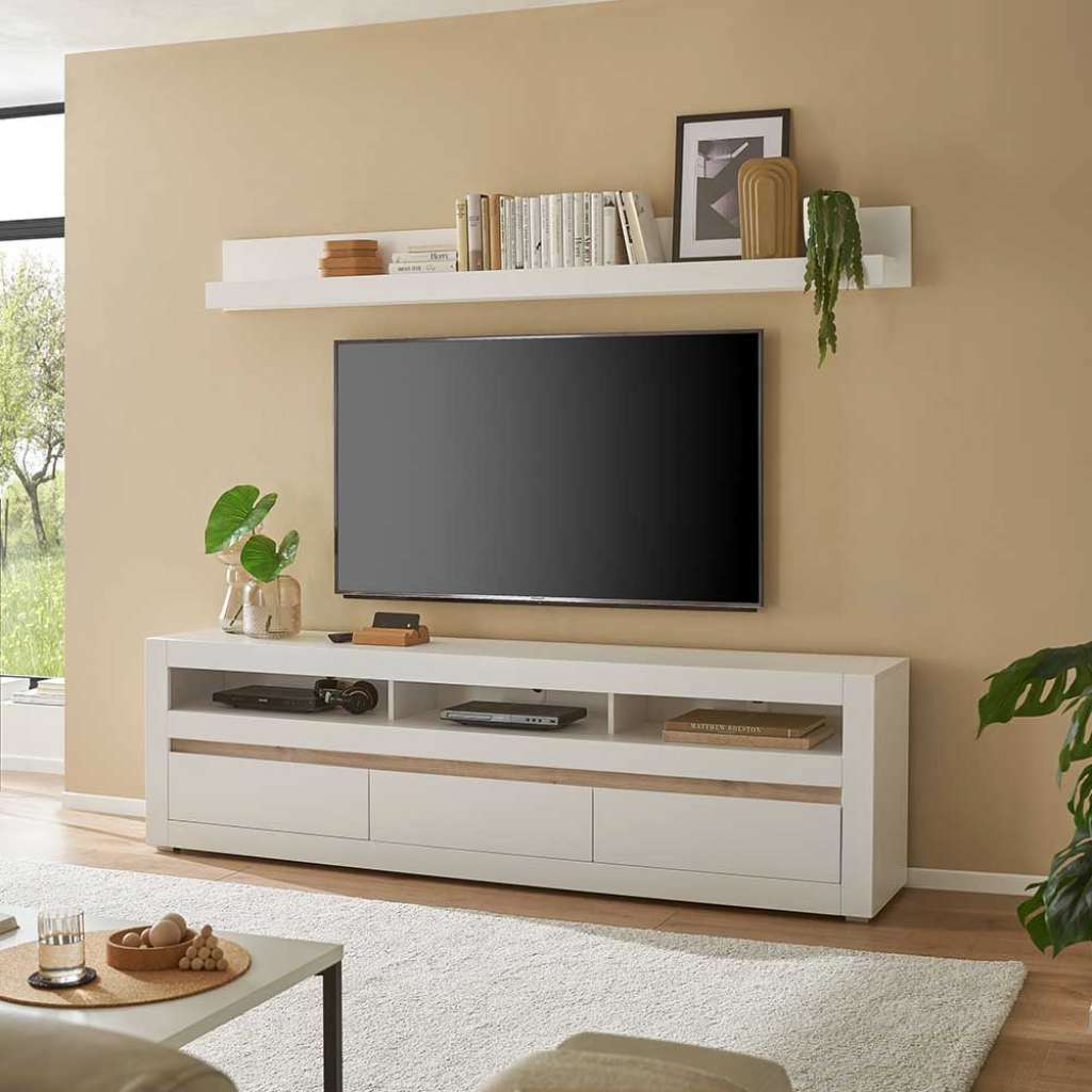 TV Wohnwand Wohnwand in Weiß mit Holzwerkstoff Oberfläche (zweiteilig)
